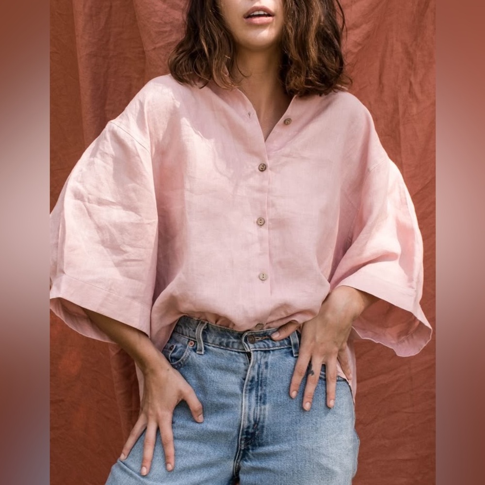 Lagenlook Relaxed Linen Rose Button-Front Women's Top